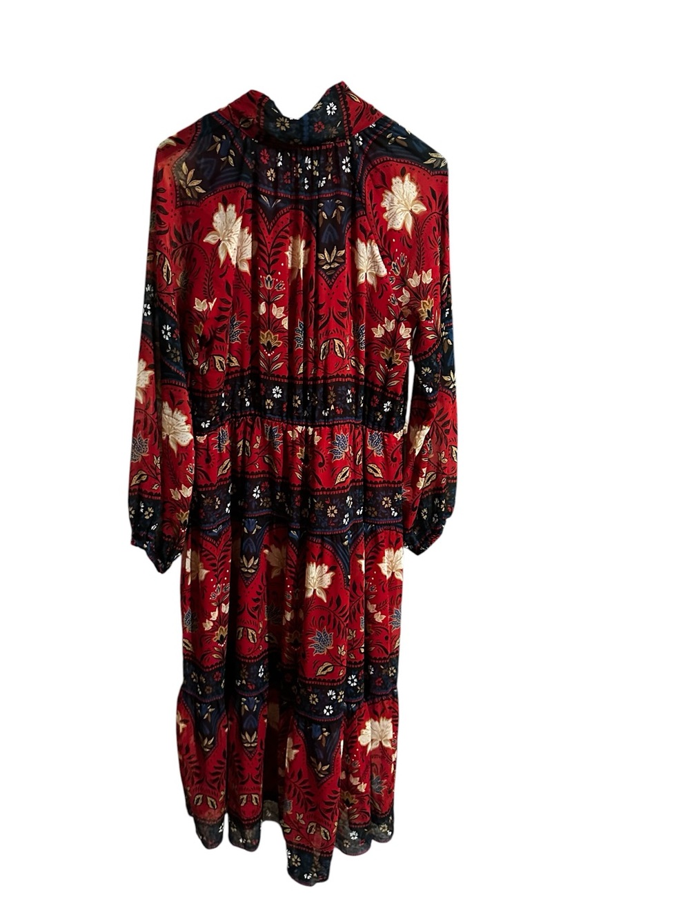 LOFT Red Floral V-Neck Tiered Midi Dress - Picture 3 of 6